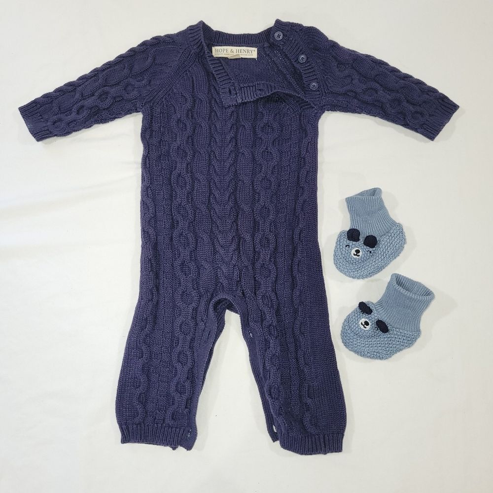 Hope & Henry Size 3-6 Months Organic Cable Knit Blue Sweater Romper And Booties